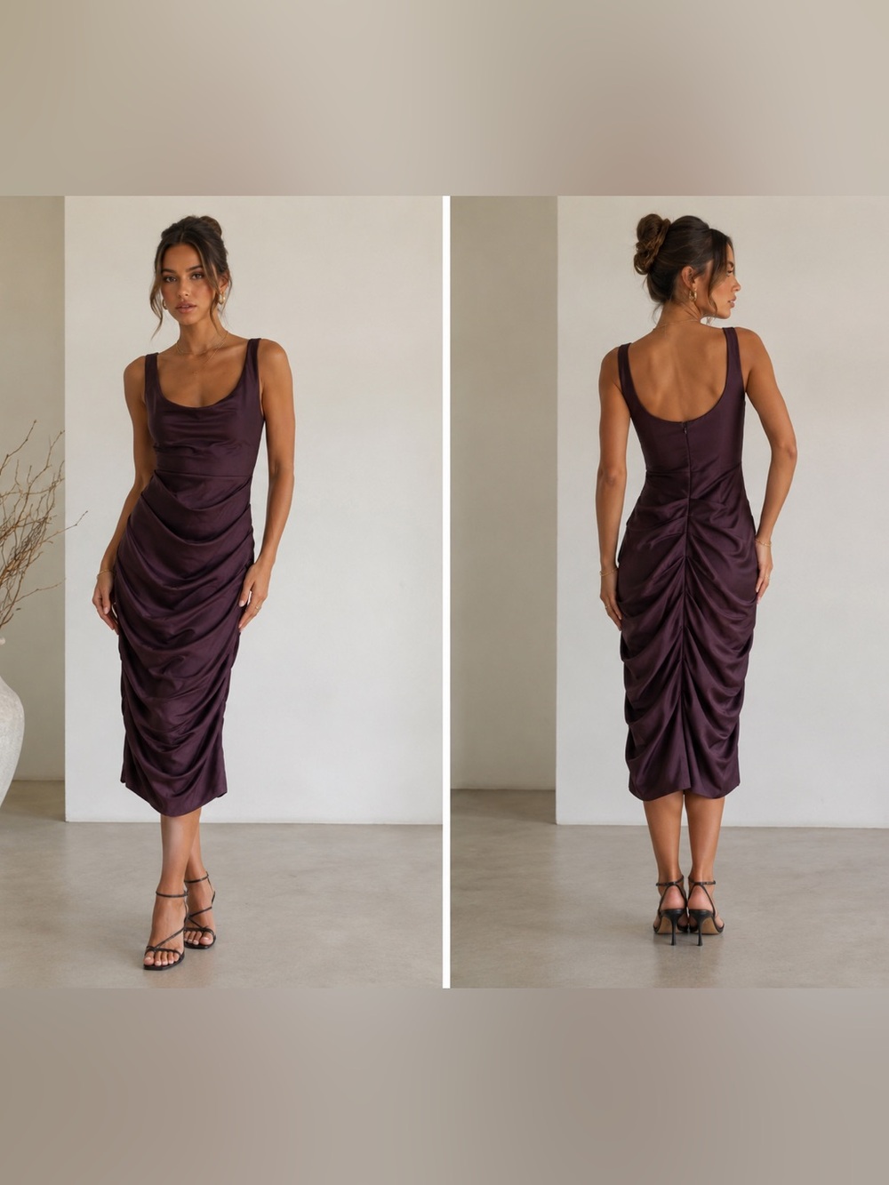 le chateau Ruched Midi Dress in Chocolate Brown